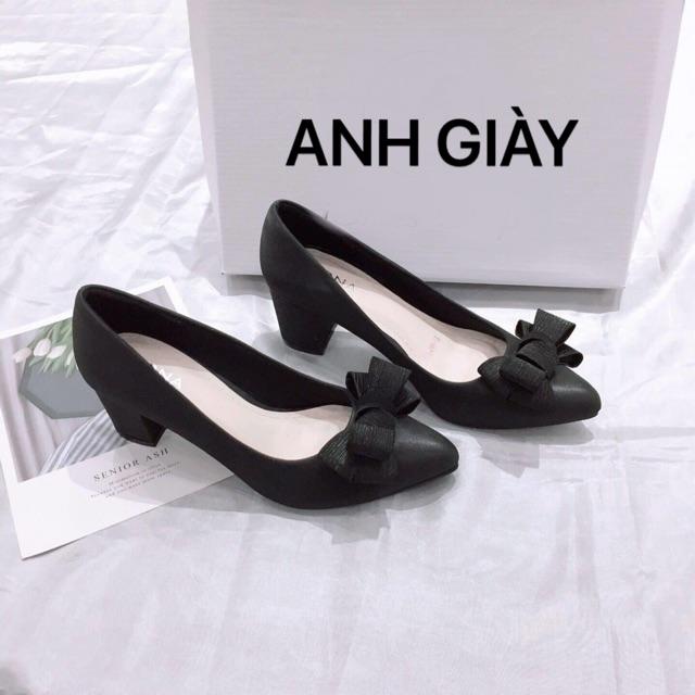 Giày gót vuông mũi nhọn nơ ấu da lì 5p cực êm chân VNXK