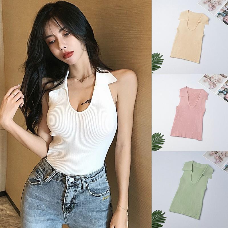 Áo tank top dệt kim nữ cổ chữ U màu trơn