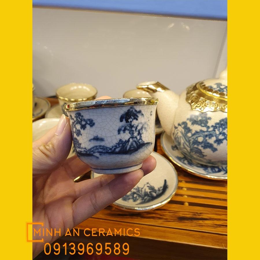 Bộ Ấm Chén chóp lửa số vẽ hoa văn cây Tùng men rạn bọc đồng giả cổ gốm Minh An Bát Tràng