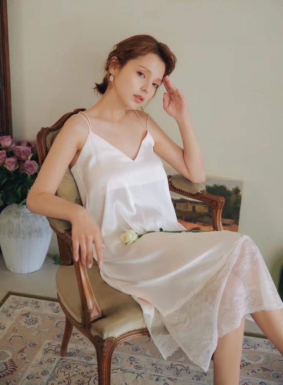 Hình ảnh [Rose Sleepwear] Váy ngủ lụa dài cao cấp, váy ngủ nữ 2 dây phối ren váy ngủ nữ sexy gợi cảm có 3 màu đen ,trắng, xanh lá tặng kèm chip ren gợi cảm