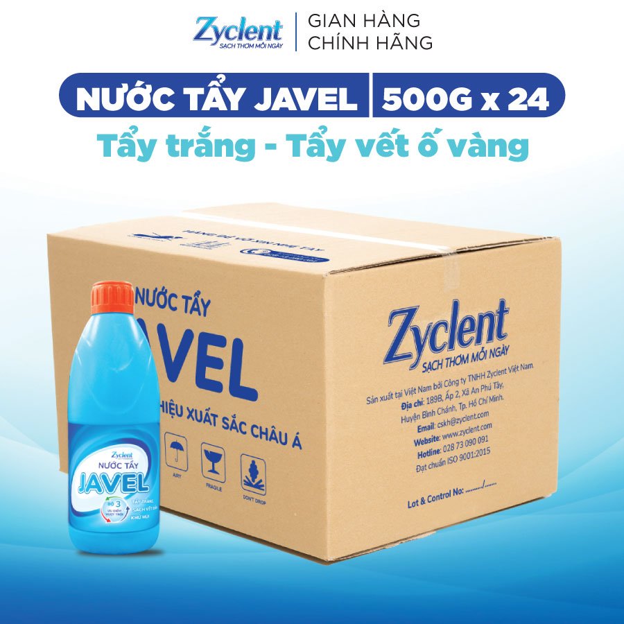 Thùng Nước tẩy trắng quần áo, tẩy vết ố vàng JAVEL Zyclent - (500G x 24 CHAI)