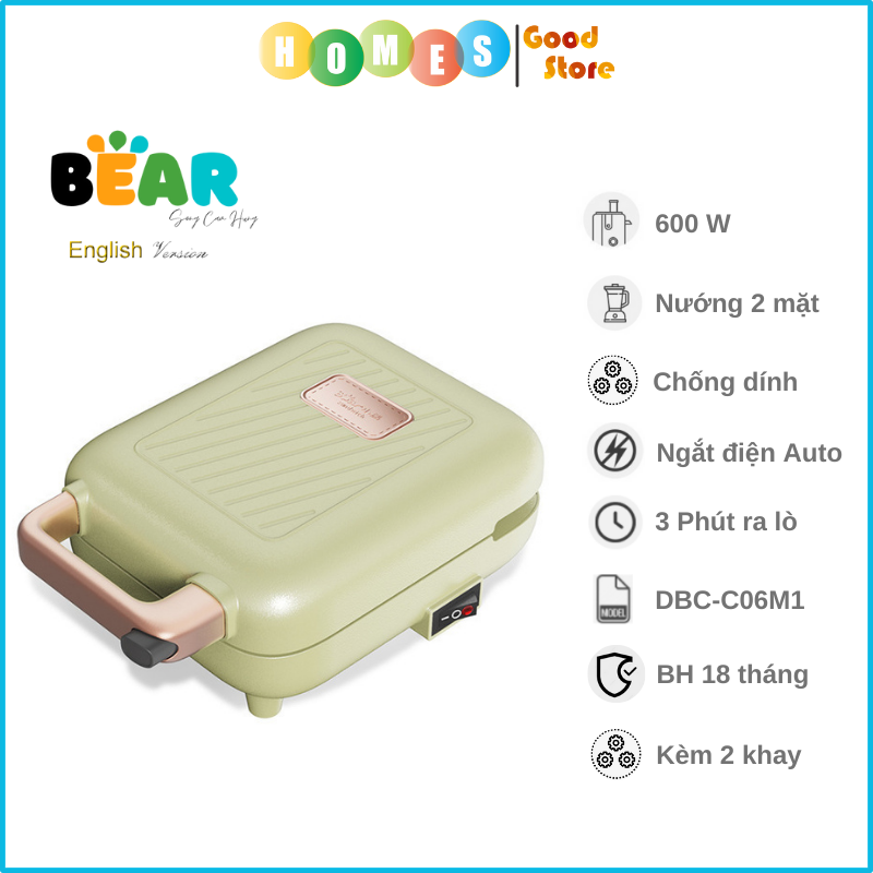 Máy Nướng Bánh Mỳ, Máy Kẹp Bánh Mỳ Sandwich-Waffle BEAR DBC-P06N2 Dung Tích 0.8 Lít Công Suất 600 W - Hàng Nhập Khẩu