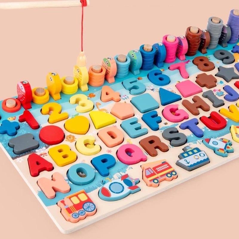 Đồ chơi Câu cá gỗ 7 trong 1 kèm hình khối, số, chữ và phương tiện
