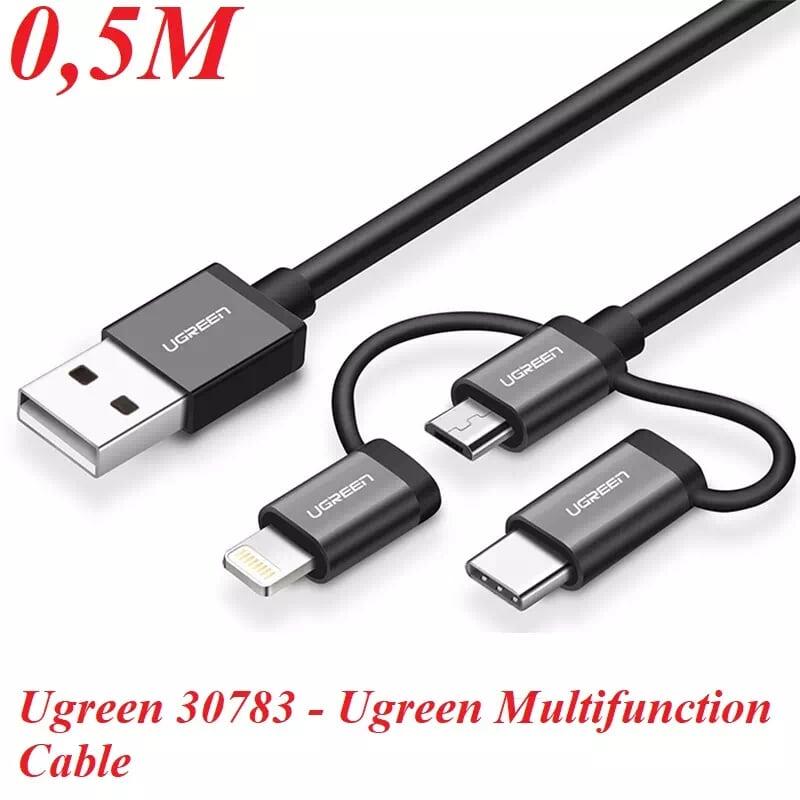 Ugreen UG30783US186TK 0.5M màu Đen Cáp sạc đa năng USB sang TypeC + Micro + Lightning - HÀNG CHÍNH HÃNG