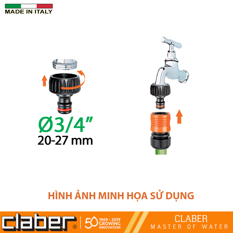 Đầu nối vòi nước ren 21-27mm Claber 8591, ngõ ra là đầu nối nhanh