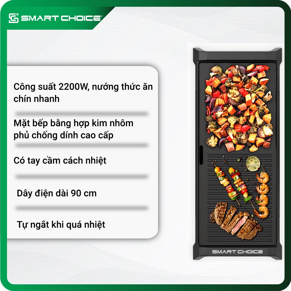 Bếp Nướng Điện SMARTCHOICE SCG-ND001, Bếp Nướng Điện Không Khói 2200W Chống Dính Cao Cấp, Kích Thước Lớn - Hàng Chính Hãng