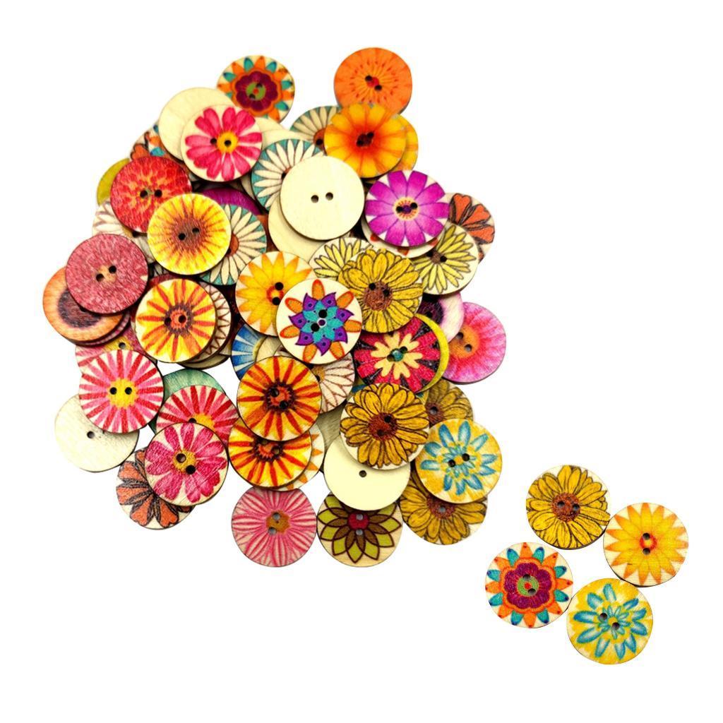 Pack of 100 Mixed Random Flower Patterns Round Wooden Buttons Assorted Colors for DIY Sewing Crafting DIY, 15mm 20mm