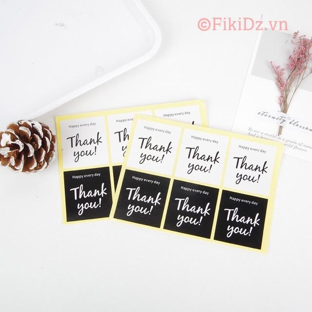 Bìa 6 tem dán decal sticker THANK YOU trắng đen 4.5x5cm