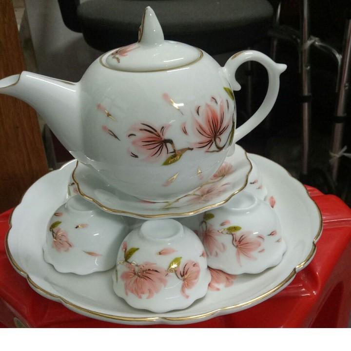 Bộ ấm chén dáng bưởi họa tiết hoa đào vẽ tay - Viền vàng kim