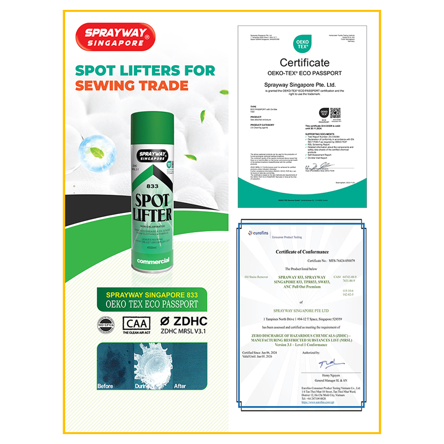 Chai xịt tẩy vết dầu trên vải Srayway Singapore SS833 có chứng nhận OEKOTEX an toàn cho người dùng