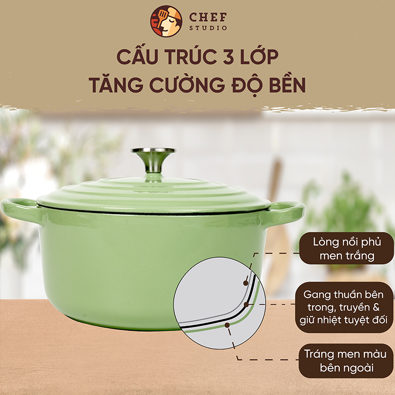 Chefstudio - Nồi Gang Phủ Gốm Xanh Ngọc, Đa Năng, Chống Dính, Giữ Nhiệt Tốt, Phù Hợp Mọi Loại Bếp