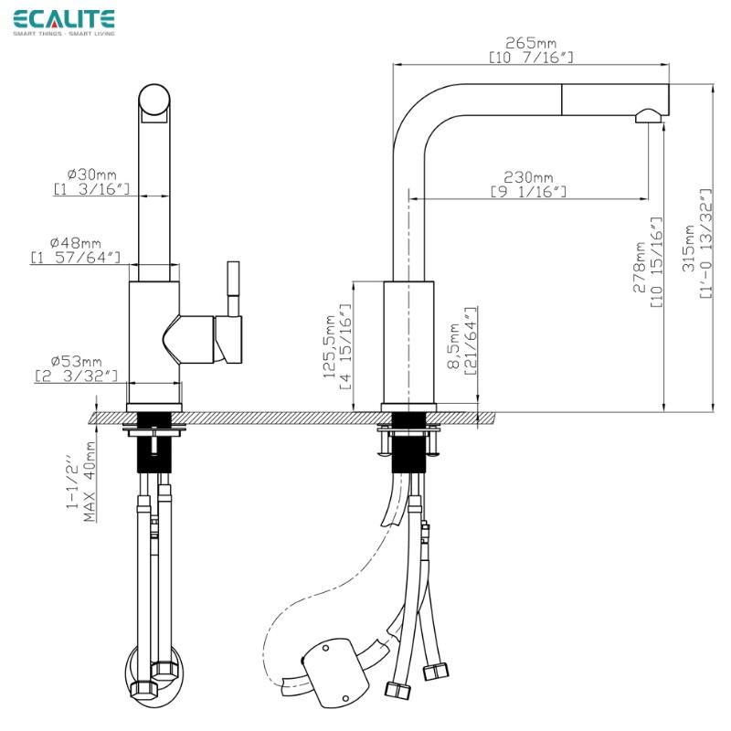 Vòi Rửa Chén Nóng Lạnh Pull-down Ecalite EF-K185B - Có Dây Rút - Đồng Thau Sơn Đen Cực Đẹp - Hàng Chính Hãng