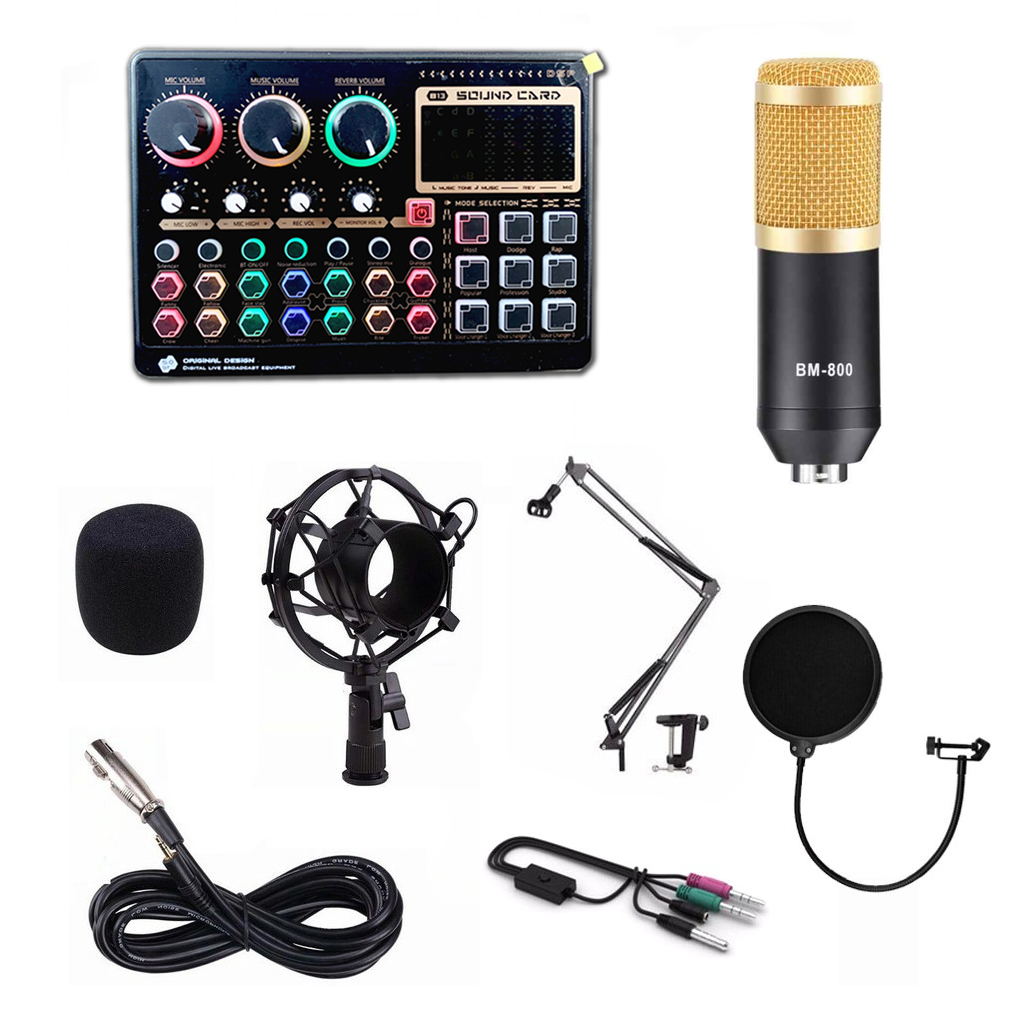 Combo trọn bộ Sound card B13 , mic BM800 ,tai nghe kiểm âm, chân kẹp, màng lọc, hát karaoke , livestream ,thu âm chuyên nghiệp - hàng chính hãng