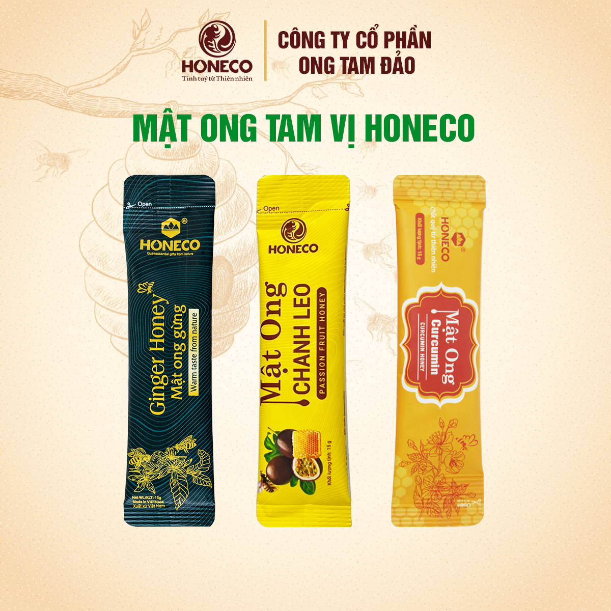 Mật ong Tam Vị HONECO - Mật ong gừng, Mật ong Curcumin, Mật ong chanh leo