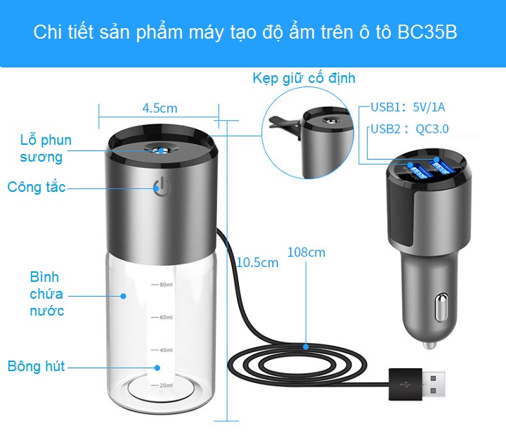 Máy tạo ẩm, khuếch tán tinh dầu trên ô tô BC35B ( Có sạc nhanh QC3.0 ) - Hàng nhập khẩu