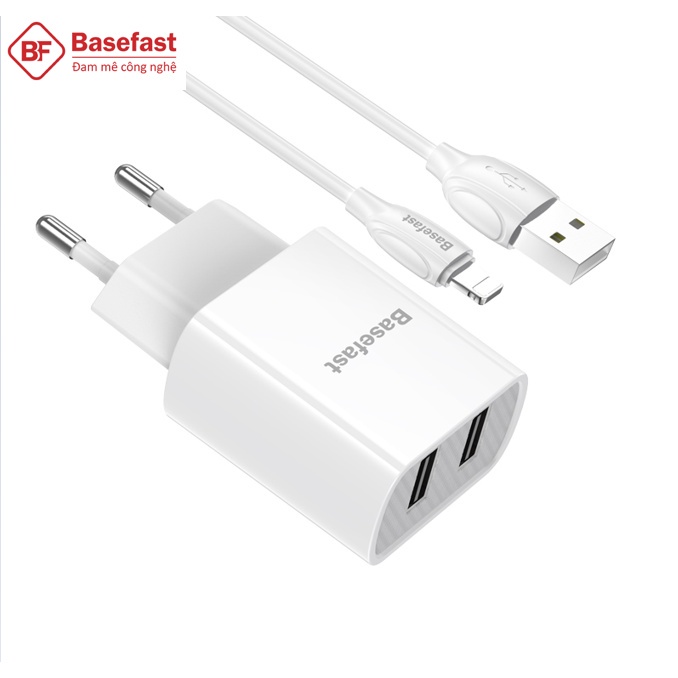 Bộ Sạc Nhanh 2 Cổng USB Chính Hãng Basefast B22i - ComBo Củ Kèm Cáp Sạc 2.1A Cho IPhone - Hàng Chính Hãng