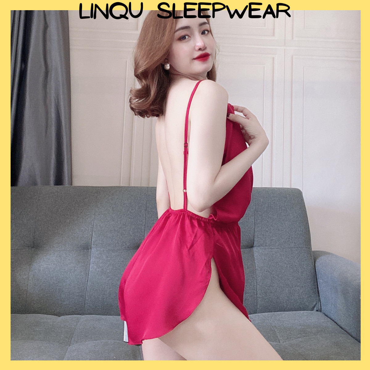 Đồ Ngủ Sexy Jumpsuit Chất Lụa Satin Mặc Thoải Mái, Áo Có Tăng Đơ, Hở Lưng Gợi Cảm (MS:0800 - Linqu Sleepwear