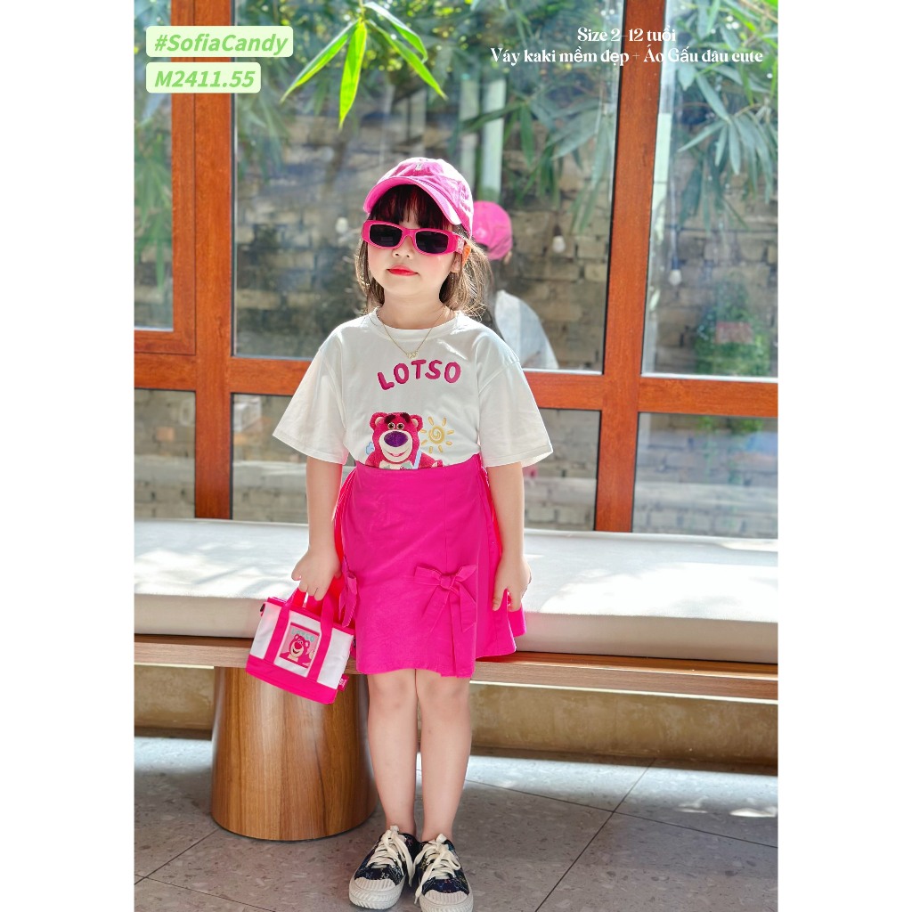 Set váy cho bé gái gấu dâu lotso đi hơi đi học năng động size 10-40kg hàng thiết kế cao cấp
