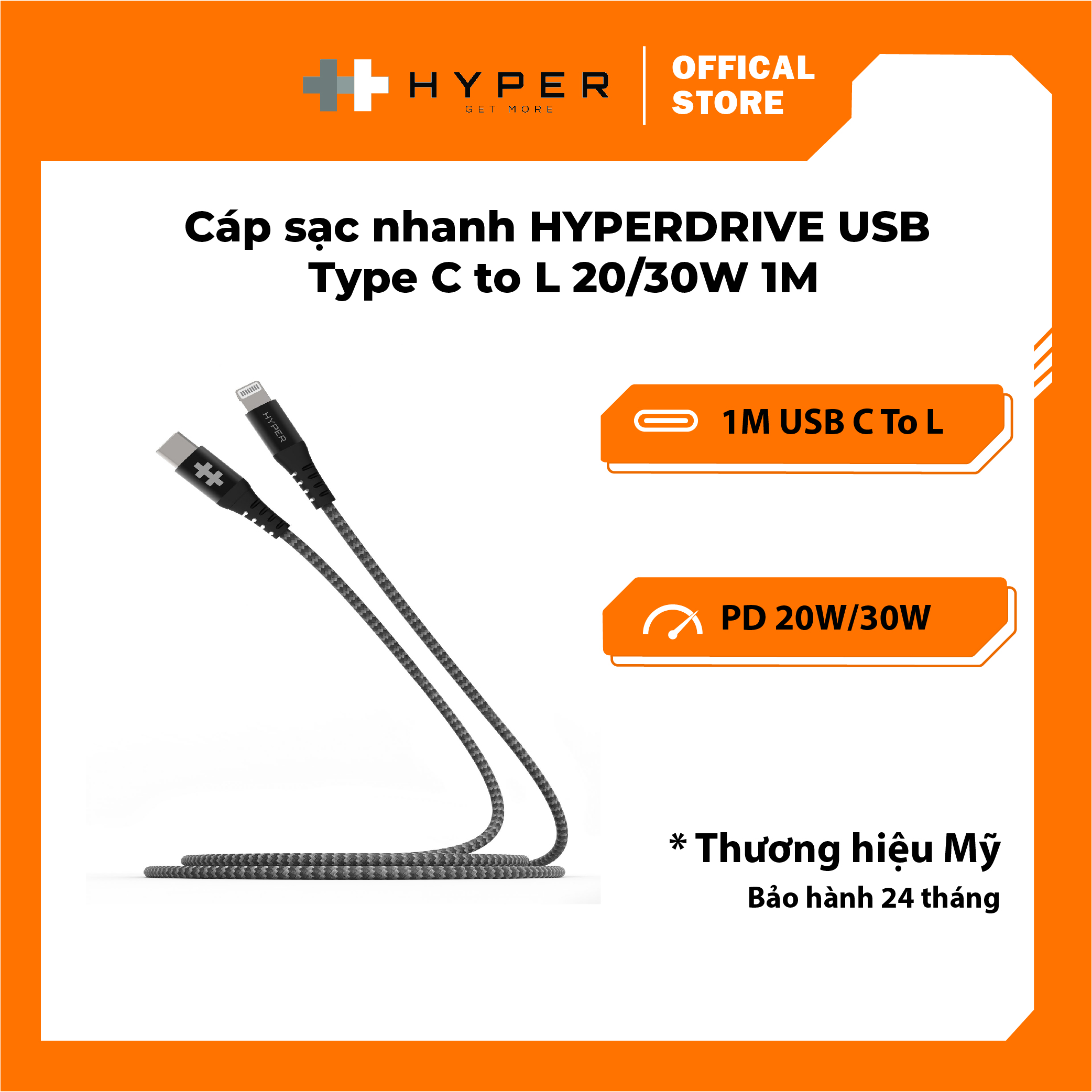 Dây Cáp Sạc USB-C to Lightning Chuẩn MFi Cho iPhoneiPad HyperDrive – Hàng Chính Hãng – 2m