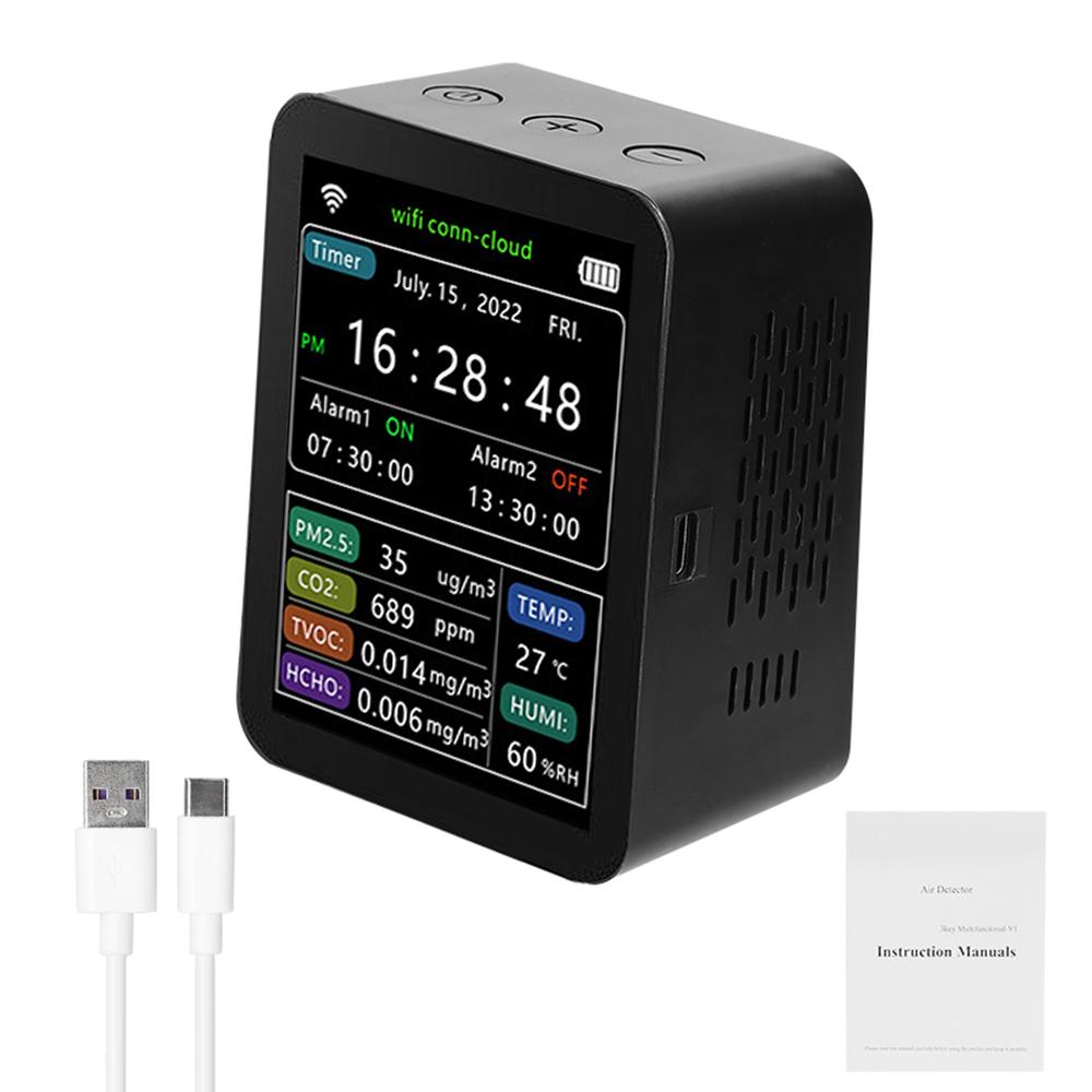 Tuya WiFi Intelligent Air Quality Detector PM2.5 CO2 TVOC HCHO Temperature Humidity 6 In 1 Detector Time Date Week Display Mobilephone APP Remotes Viewing 2 Sets Alarm Clock Home Indoor Desktop Air Quality Monitor