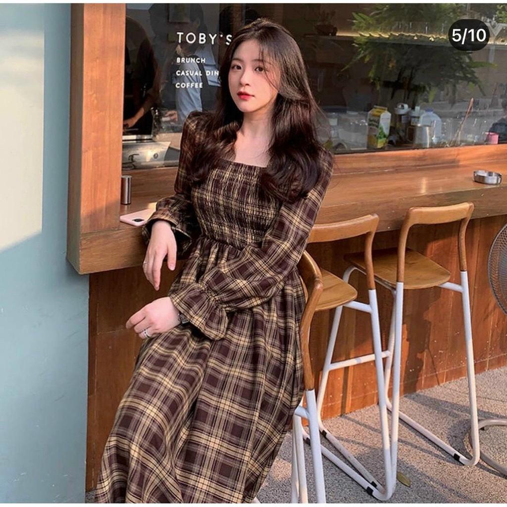 VÁY MAXI CHUN KẺ NÂU TAY BÓ DÀI ĐẦM KẺ CARO NÂU DÁNG XÒE CỔ VUÔNG HOT