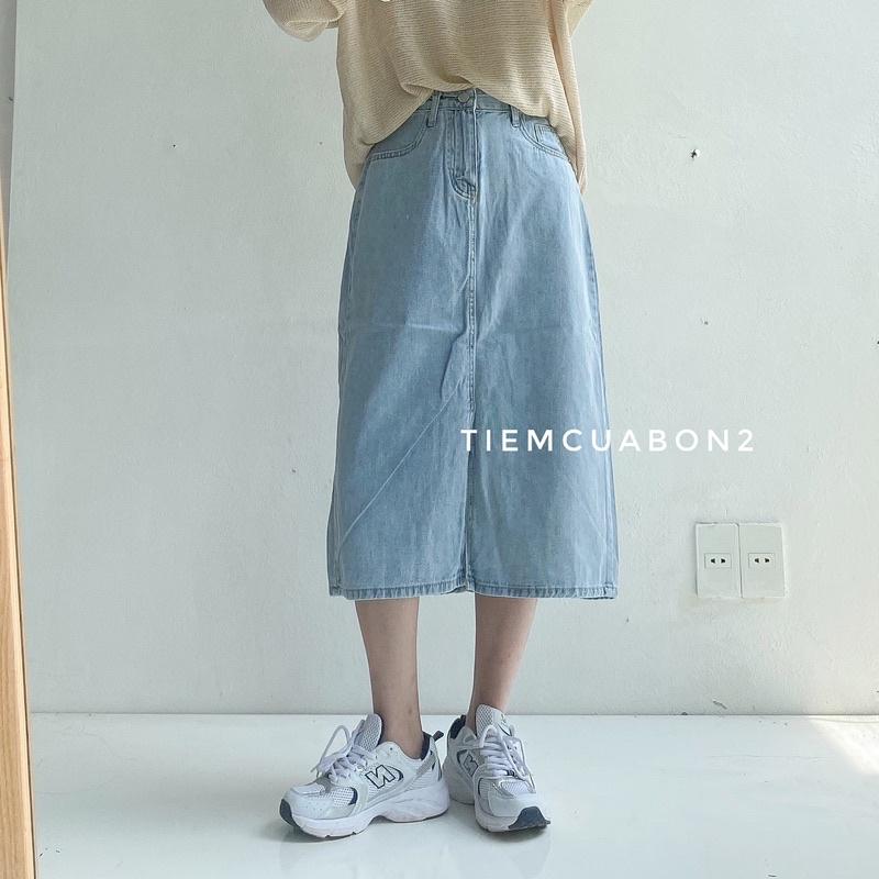 Chân váy bò dài xẻ trước