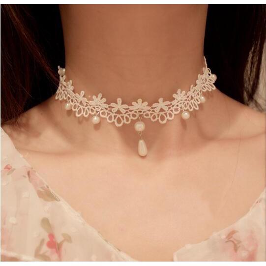 Choker ren vải trắng hoạ tiết hoa thả hạt vòng vải ren ôm cổ bó sát mẫu mới CKV119