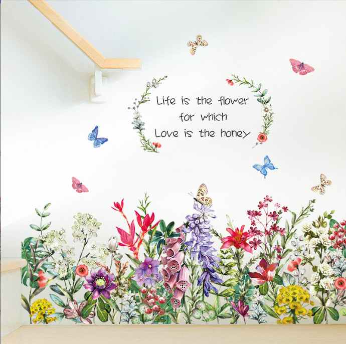 Decal trang trí tường - Chân tường hoa sắc màu