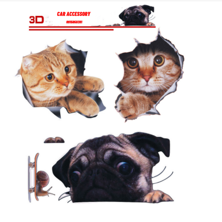 Miếng dán 3D ba chiều pug dán xe vui nhộn mèo con dễ thương đầu sói nhãn dán xe sáng tạo che viết xước tạo cá tính