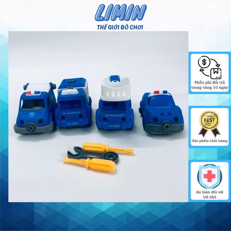 Xe ô tô cảnh sát, cứu thương, cứu hộ, combo 4 xe kèm cờ lê tua vít lắp ráp