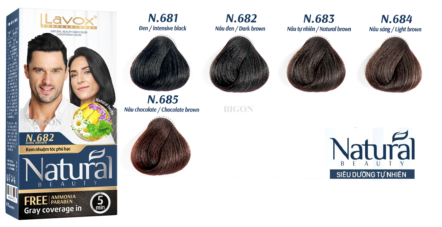 (Nâu Đen) Kem Nhuộm Phủ Bạc Cao Cấp Siêu Dưỡng, Tự Nhiên Lavox - N.682 Dark Brown