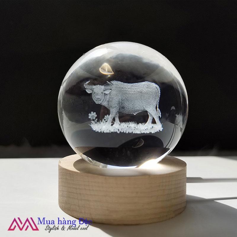 Bộ Quà Tặng Quả Cầu Pha Lê 3D larser LED 12 Con Giáp Tuổi Sửu