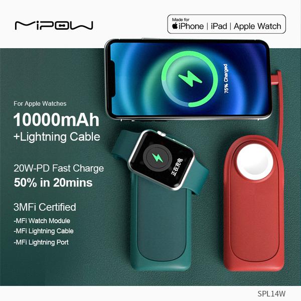 Sạc Dự Phòng Không Dây Mipow Tube Pro 10000 mah Apple Watch Series 4/5/6/7 và iPhone 12/13 MFI SPL14W - Hàng Chính Hãng