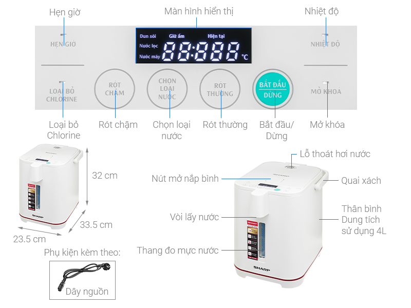 Bình thủy điện Sharp KP-40EBV, (WH/BK/ST). 4 lít, Đun sôi 100°C, Công suất 800W - Hàng chính hãng
