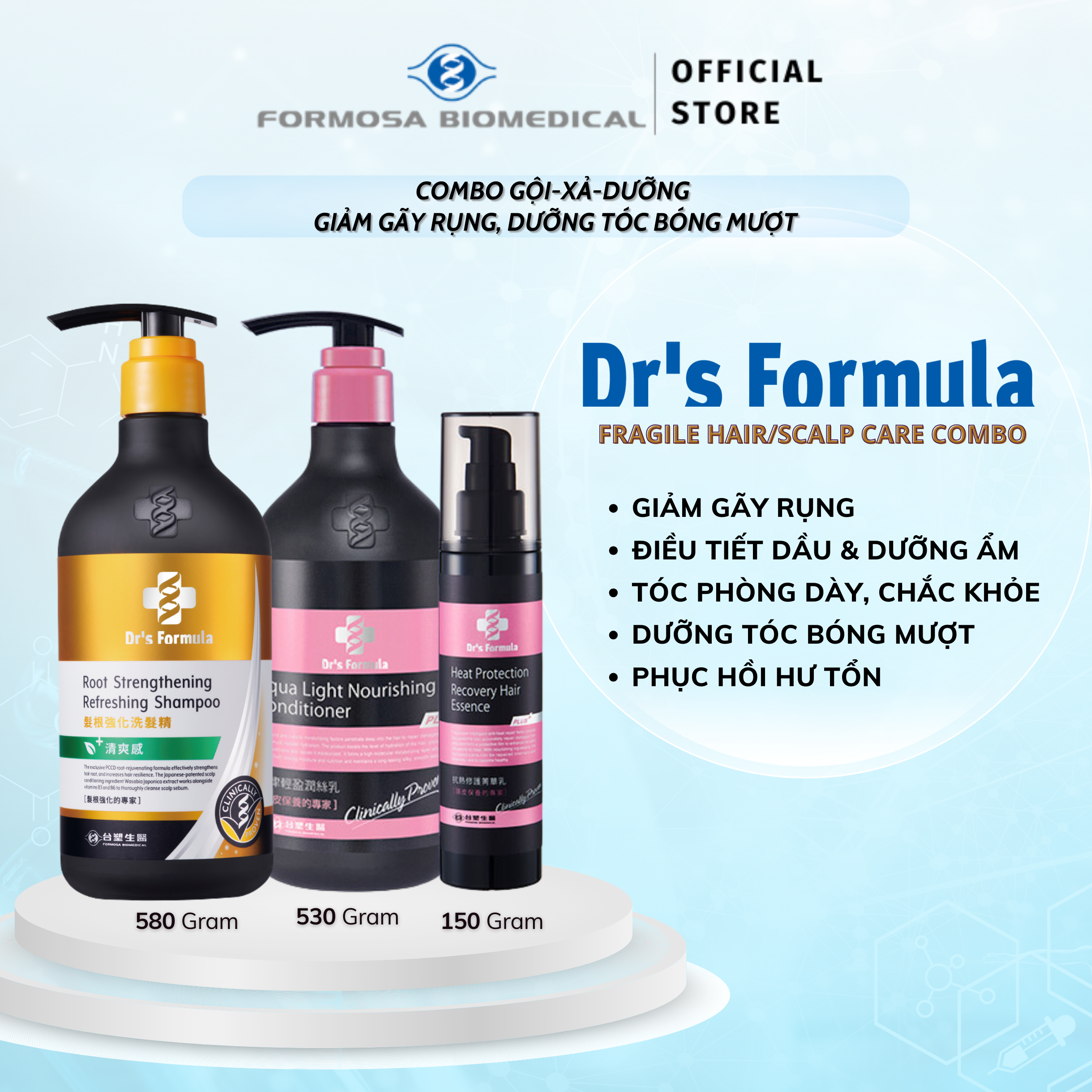 Combo Gội-Xả-Dưỡng chăm sóc tóc/da đầu giảm gãy rụng dưỡng tóc bóng mượt Dr's Formula