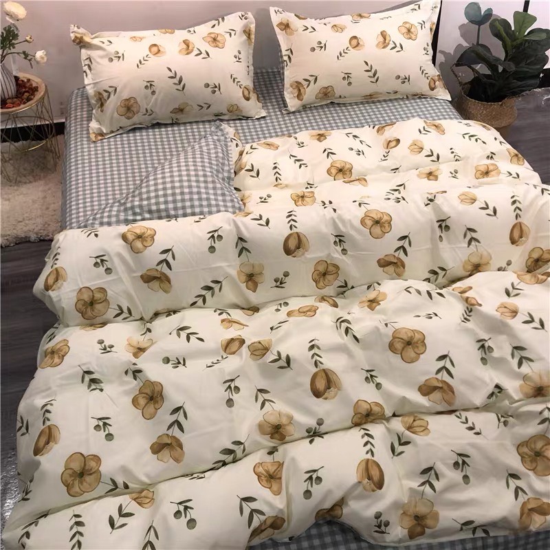 Bộ chăn ga gối cotton PL1 - Hoa Nâu - TẶNG 01 MÓC KHÓA HOUSTON