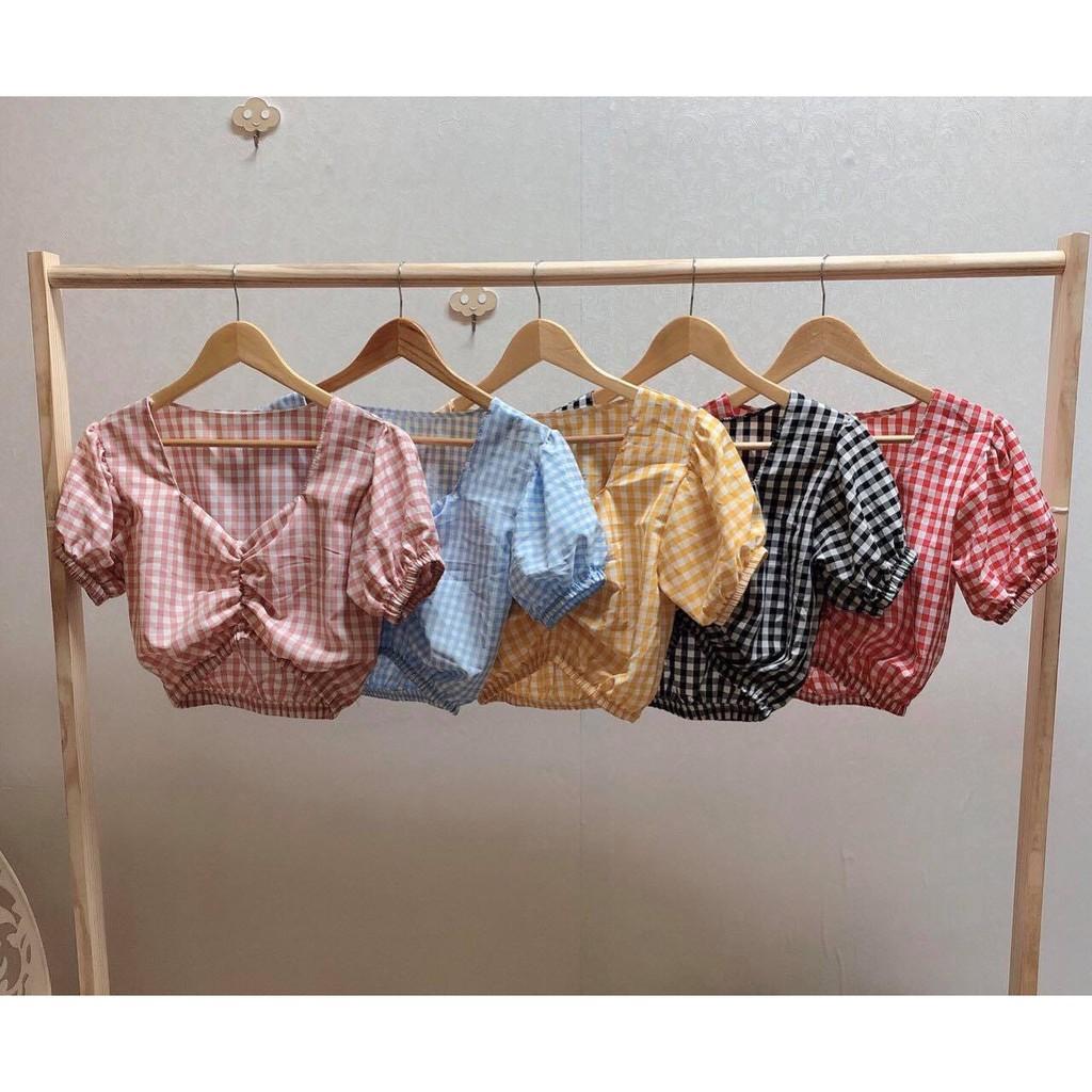 Áo nữ kiểu Croptop rút ngực Caro xinh đẹp, cổ tim, chất vải đẹp, mát, mềm - Nhiều màu - MIN Boutiques