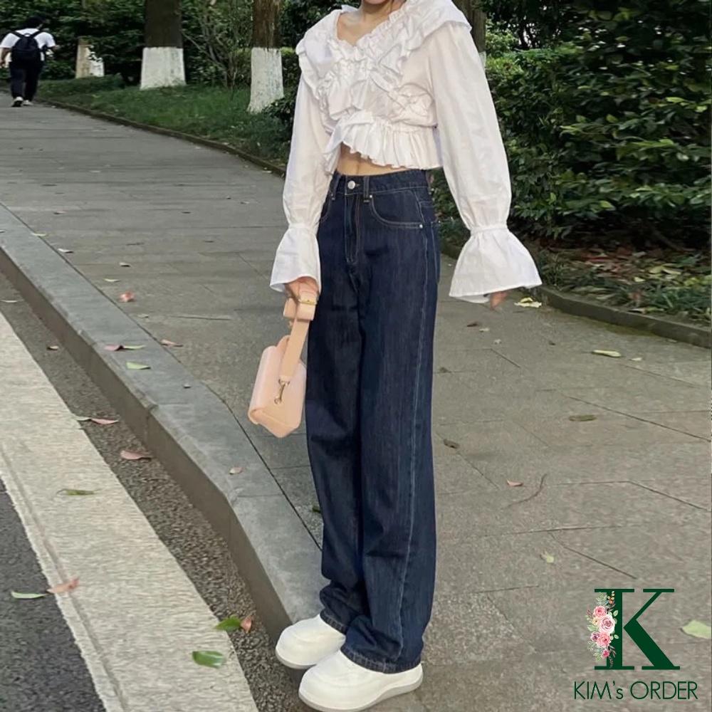 Quần Jean Nữ Màu Xanh Than Đậm Ống Suông Phom Rộng Dài Lưng Cạp Cao Phong Cách Ulzzang Hàn Quốc Cá Tính Báic Năng Động