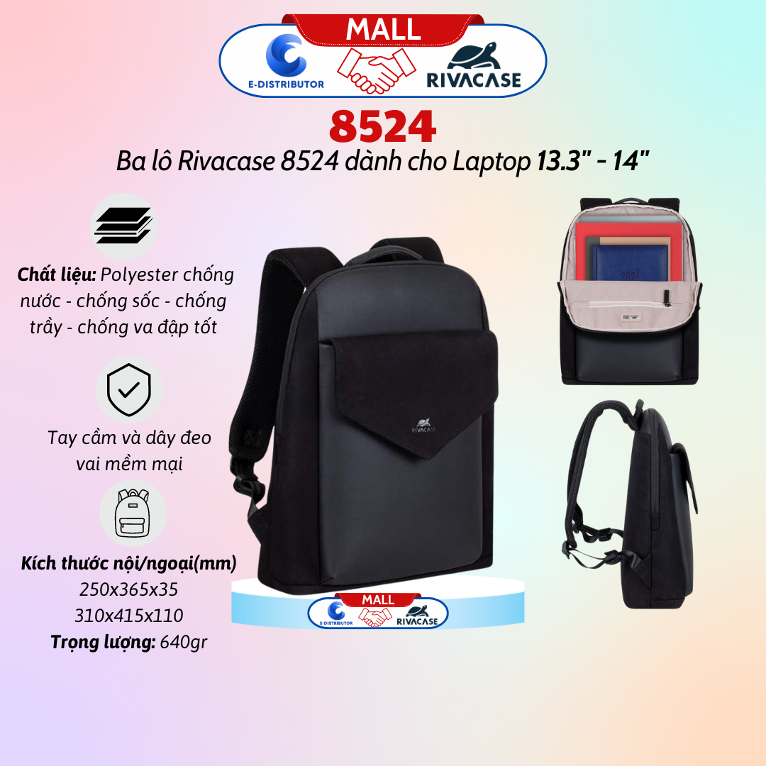 Balô Rivacase 8524 Để Vừa Laptop 13.3&quot; - 14&quot; - Bảo Hành 24 Tháng - Hàng Chính Hãng