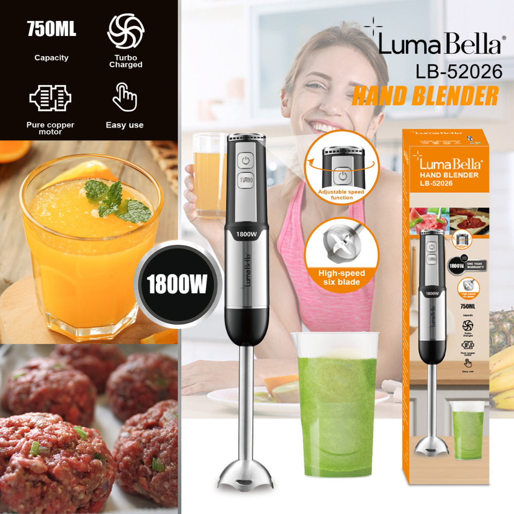 Máy xay cầm tay đa năng Lumabella LB52026 công suất 1800W, lưỡi dao sắc bén xay nhuyễn thực phẩm  - HÀNG CHÍNH HÃNG