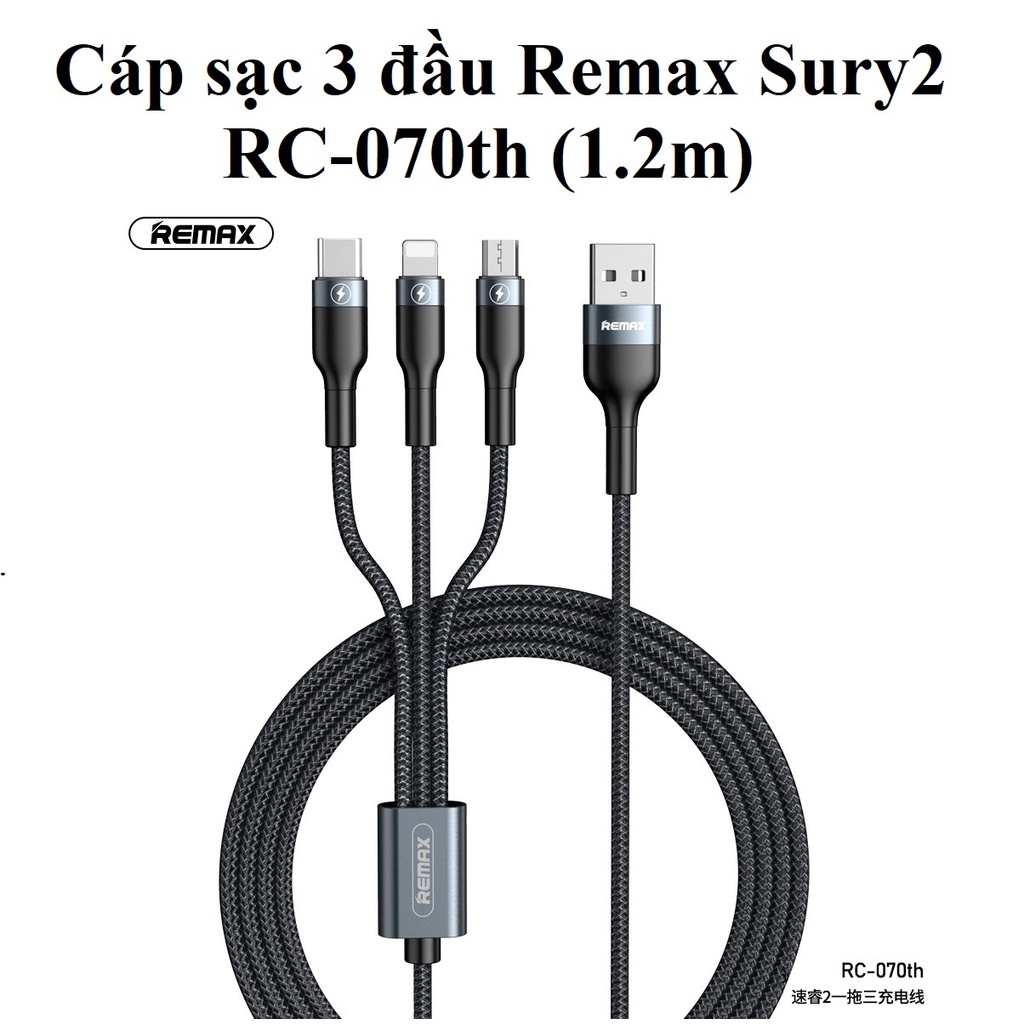 Cáp sạc đa năng 3A 3 đầu C+M+ip Remax RC070th _ Hàng chính hãng