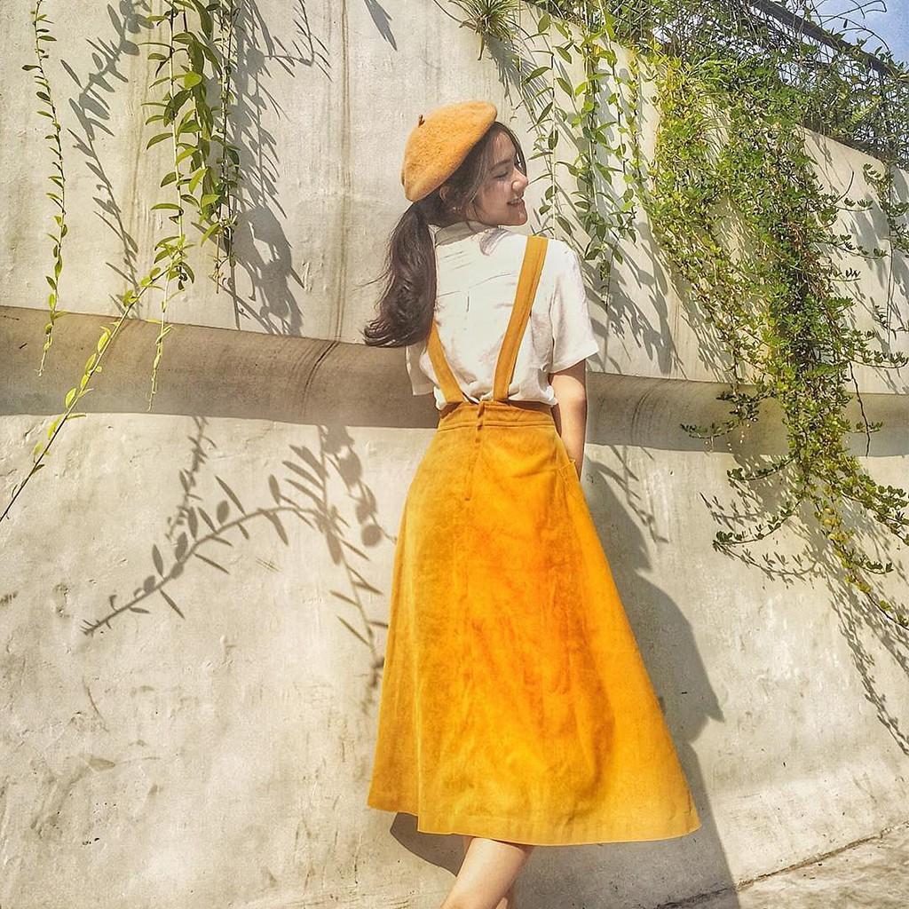 Set yếm yellow overall dress và áo sơ mi white basic