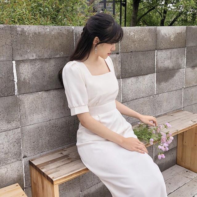 Đầm Suông Dài Trắng Cột Nơ Sau