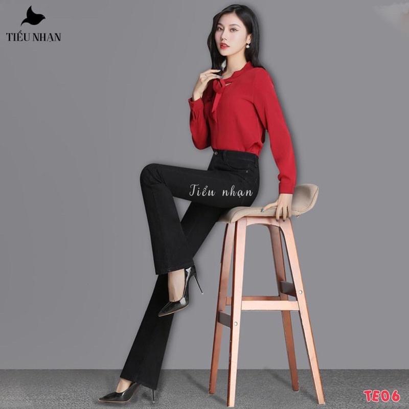 Quần Jeans Nữ Ống Loe Dài Màu Đen Co Giãn Tôn Dáng