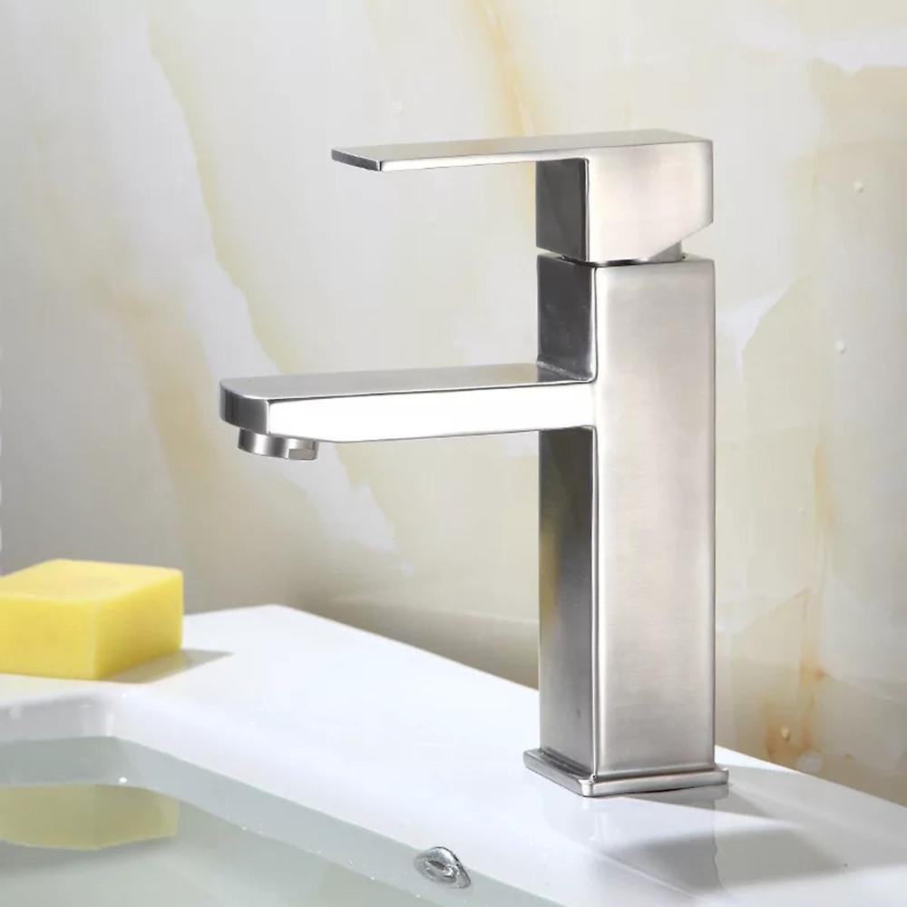 Vòi lavabo vuông nóng lạnh inox 304 KAMA VC05 - thân cao 20 cm, cân nặng 750gr, tặng kèm bộ dây cấp nước nóng lạnh 60 cm, vòi chậu rửa mặt nóng lạnh phù hợp với mọi lavabo