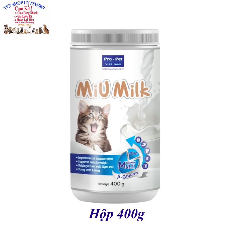 Sữa cho Mèo Pro-pet Miu Milk Bổ sung dinh dưỡng Tăng cường hệ miễn dịch Răng xương chắc khỏe Tiêu hóa tốt Sx tại VN