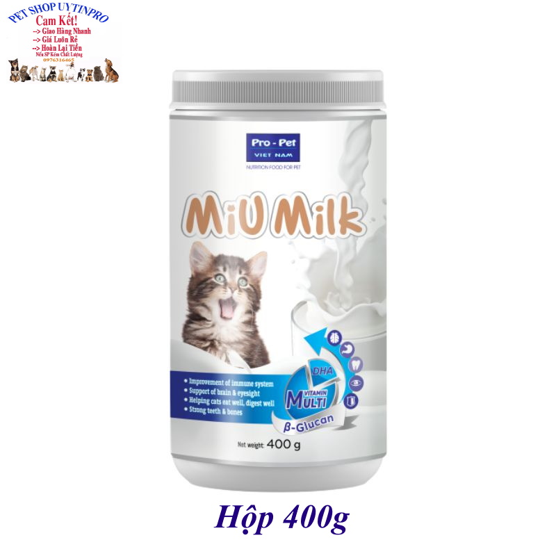 Sữa cho Mèo Pro-pet Miu Milk Bổ sung dinh dưỡng Tăng cường hệ miễn dịch Răng xương chắc khỏe Tiêu hóa tốt Sx tại VN