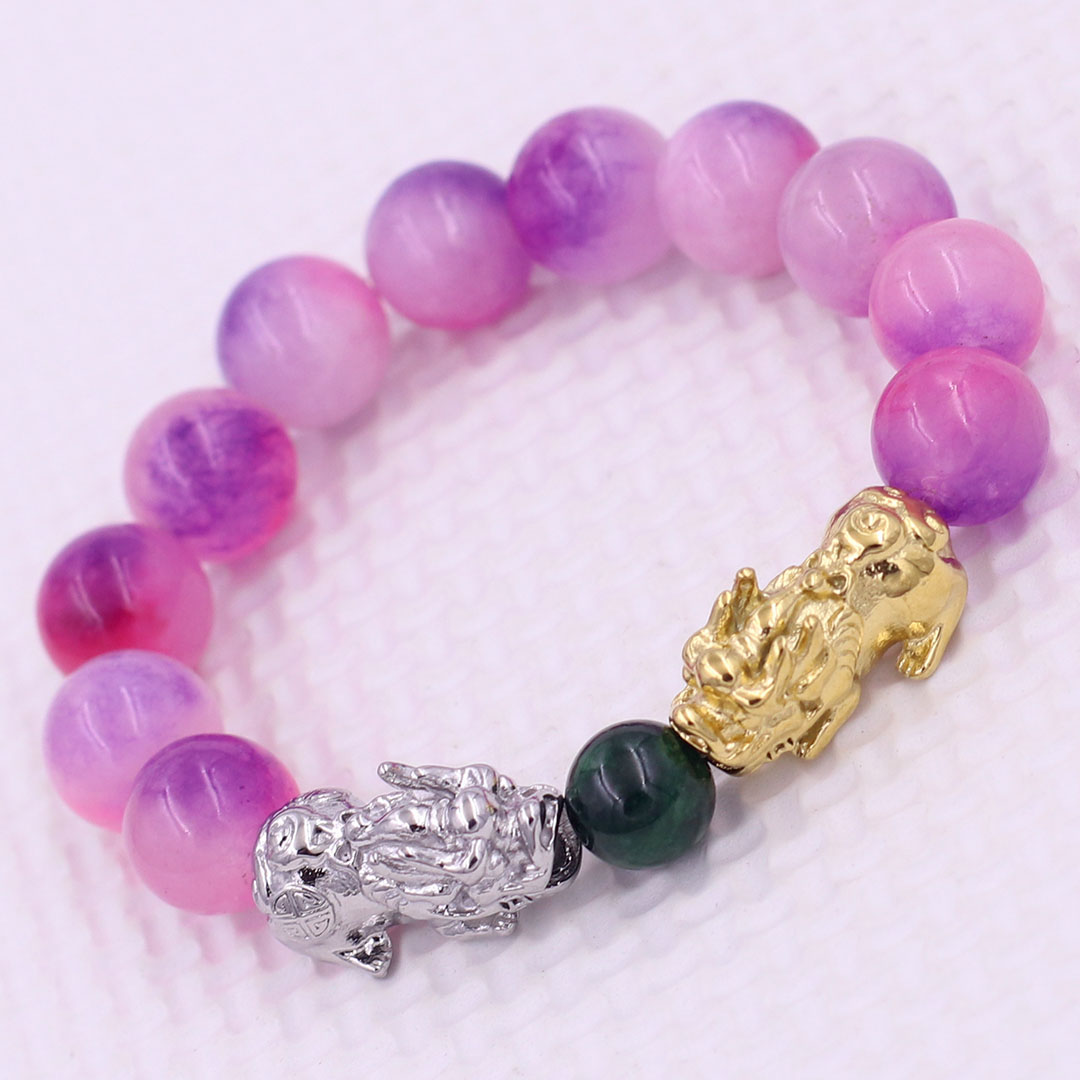 Vòng chuỗi đeo tay đa thạch anh hồng tím 12 ly charm tỳ hưu đôi inox trắng và vàng, vòng chuỗi phong thủy, charm tỳ hưu, vòng tay hạt chuỗi