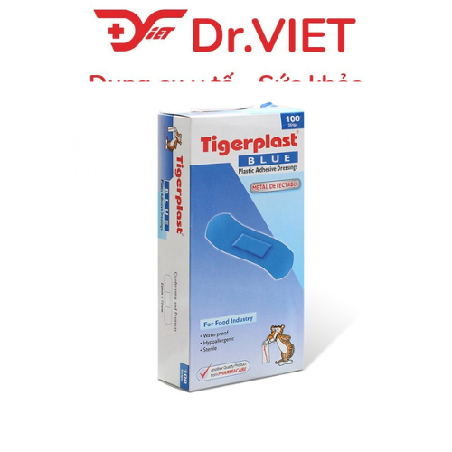 Băng keo cá nhân TigerPlast Blue có kim loại, màu xanh dễ nhận biết, dùng trong ngành công nghiệp thực phẩm, chế biến thực phẩm, nhà máy, bếp công nghiệp, sản xuất thực phẩm, hỗ trợ che phủ vết thương nhỏ, dễ phát hiện khi rơi lẫn vào thực phẩm