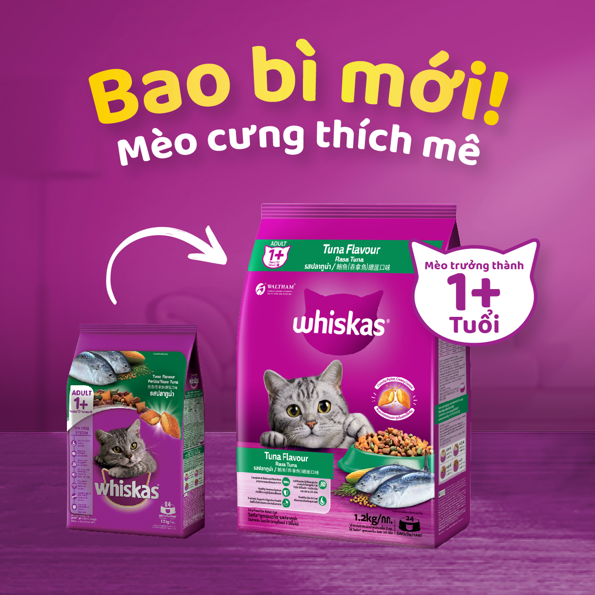 Thức ăn mèo Whiskas vị cá ngừ túi 1.2kg